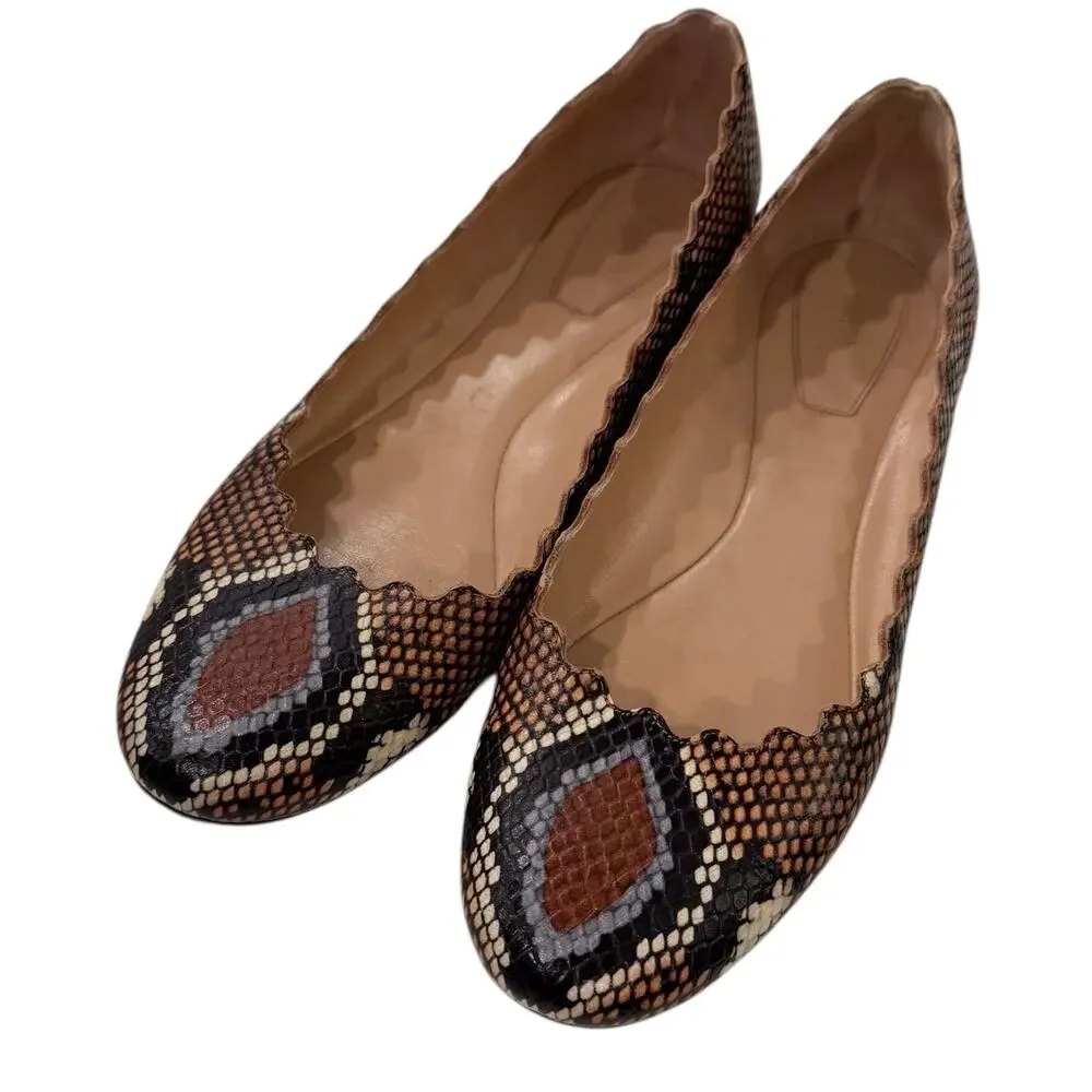 Chloé Lauren Scalloped Ballet Flats Python Snakeskin Leather Designer Shoes 38.5